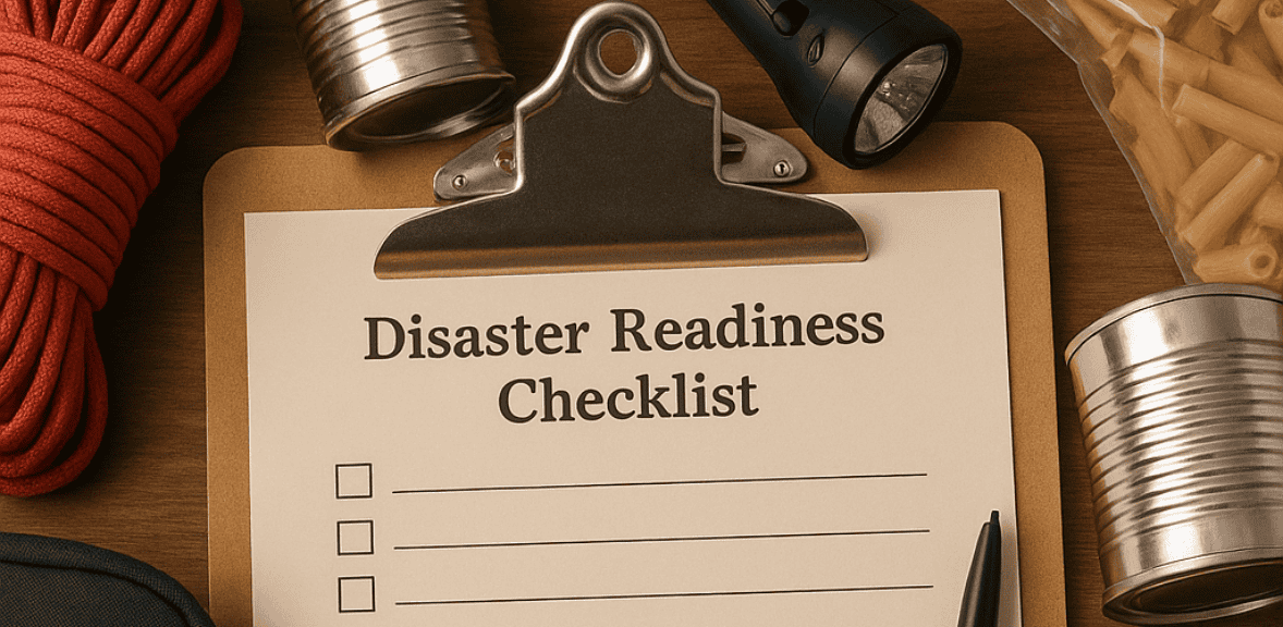 Disaster Readiness Checklist sheet sits on a table surrounded by emergency supplies