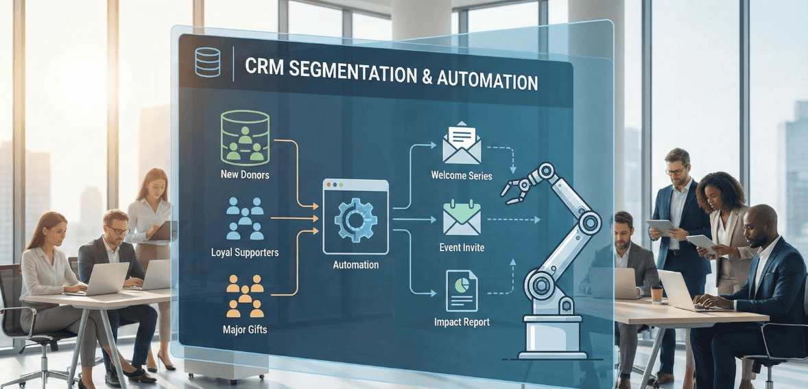CRM automation workflows and donor segmentation tools that support personalized outreach and guide donors through each stage of the donor journey.