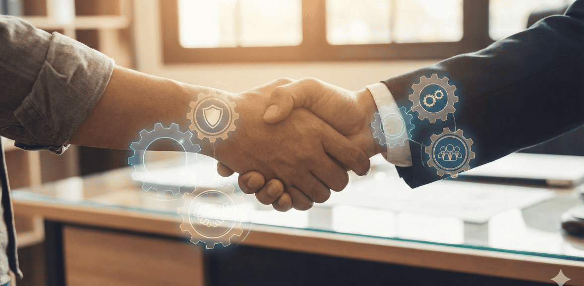 Photo-style image of a nonprofit and foundation partnership handshake symbolizing foundation relationship management and strong multi-year grant relationships.