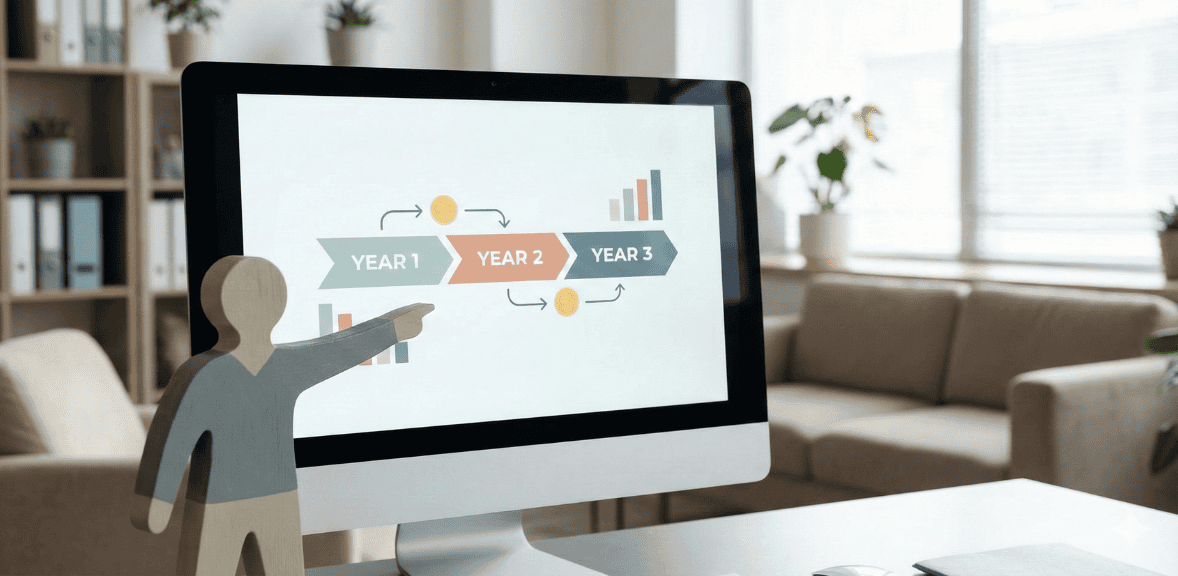 Conceptual timeline illustrating multi-year funding strategies for nonprofits, supporting grant reporting requirements and long-term grant stewardship.