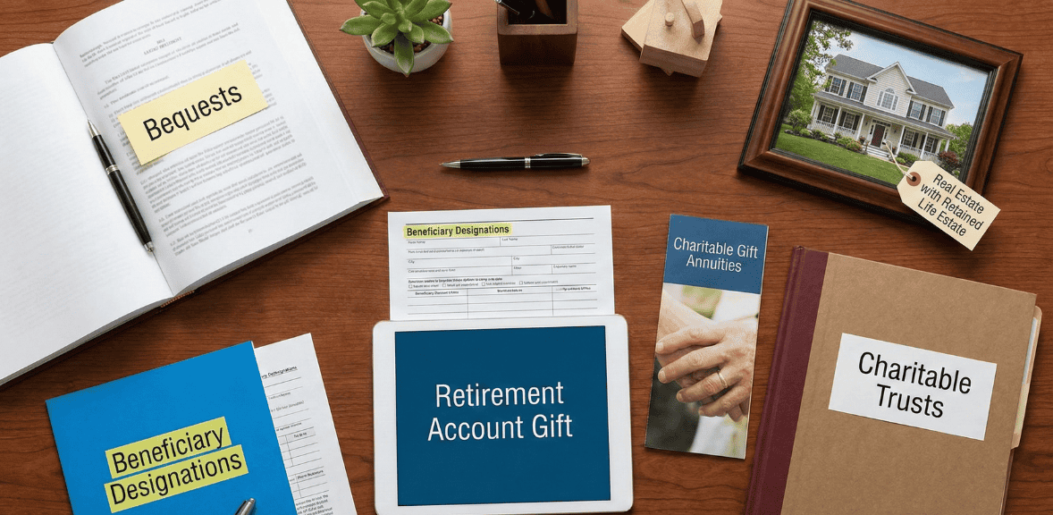 Common planned gifts including bequests, estate gifts, and beneficiary designations for nonprofits