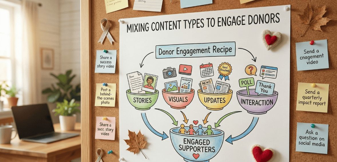Engagement calendar showing a mix of nonprofit content types including impact stories, updates, and appeals