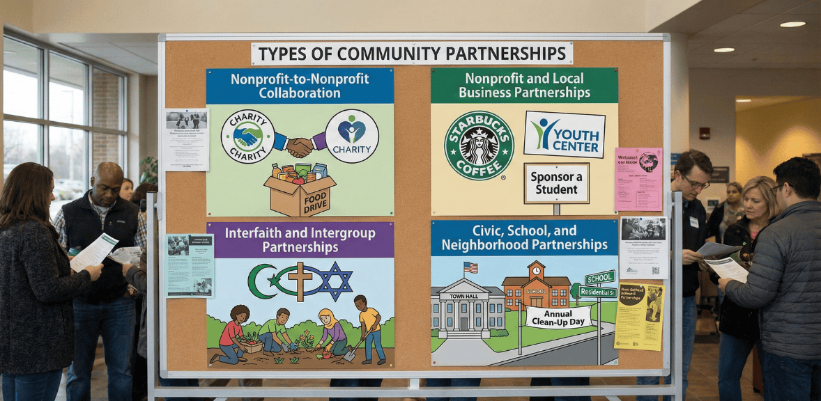 Types of community partnerships including nonprofit collaboration, local business support, and interfaith partnerships
