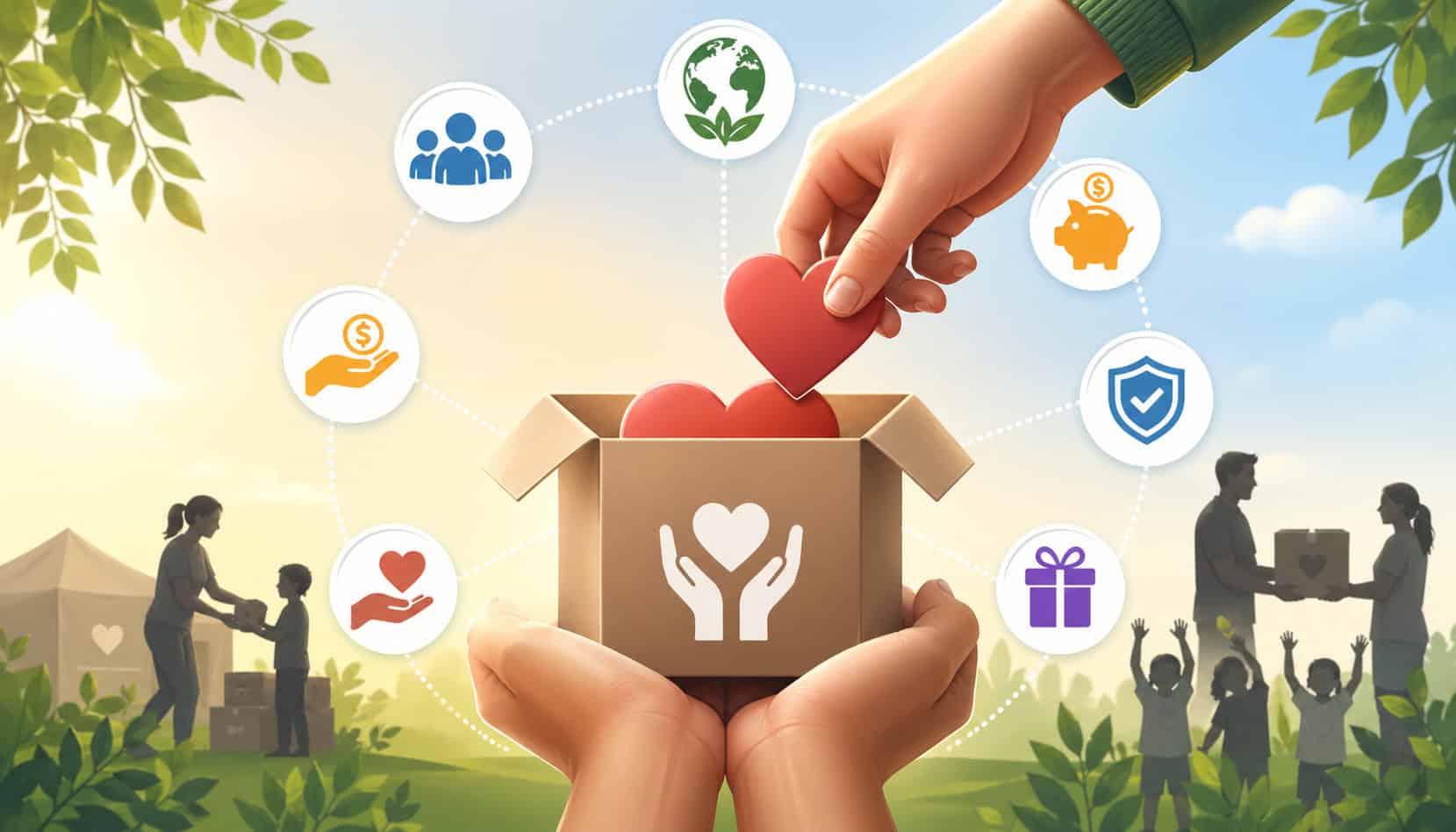Free donation platform illustration showing hands placing heart into donation box with community support, secure giving, and charity icons in background