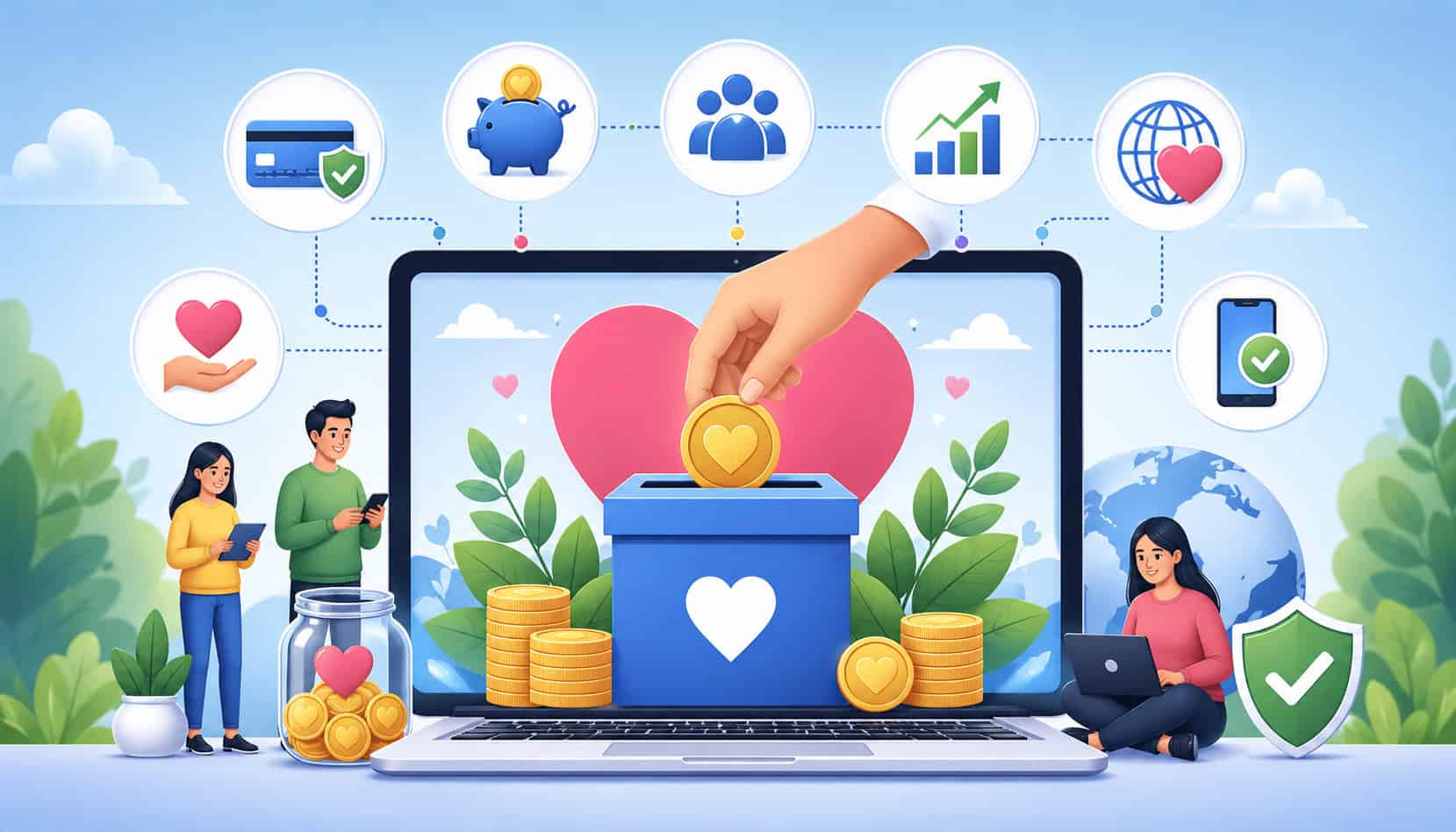 Modern illustration of online donation platform showing secure digital giving, fundraising growth, and global community support through mobile and web payments