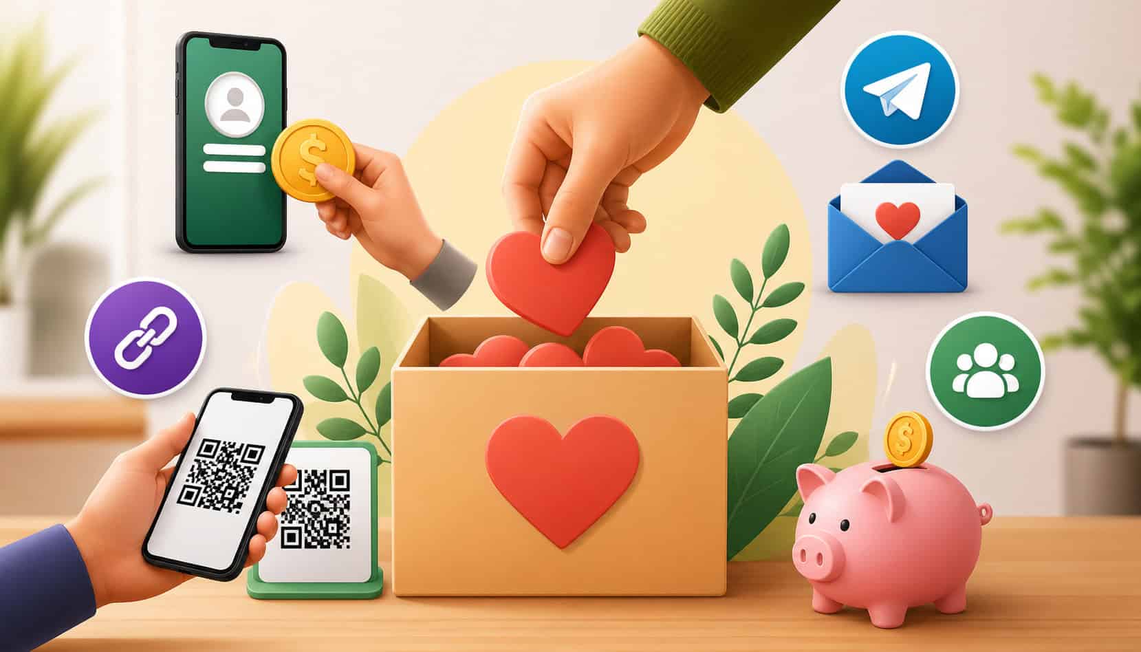 Digital donation methods illustration with QR code payments, mobile giving, donation box with heart, and multiple online fundraising options without a website