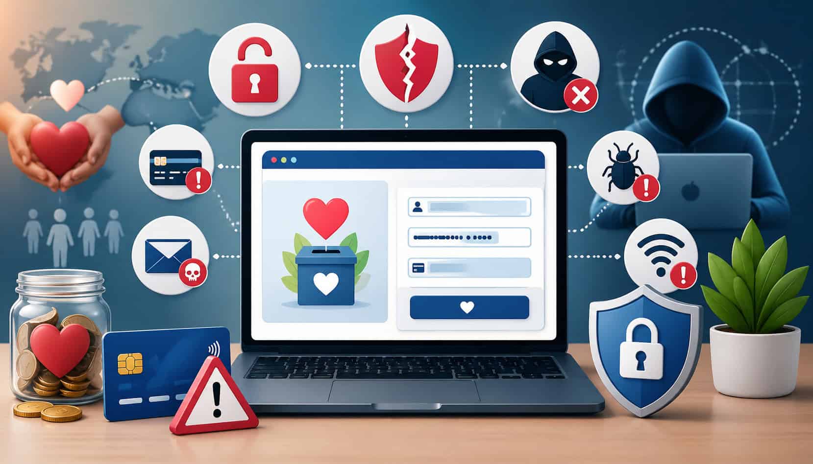 Online donation form security risks illustration showing laptop with payment page, hacker figure, warning icons, phishing, malware, and data protection symbols