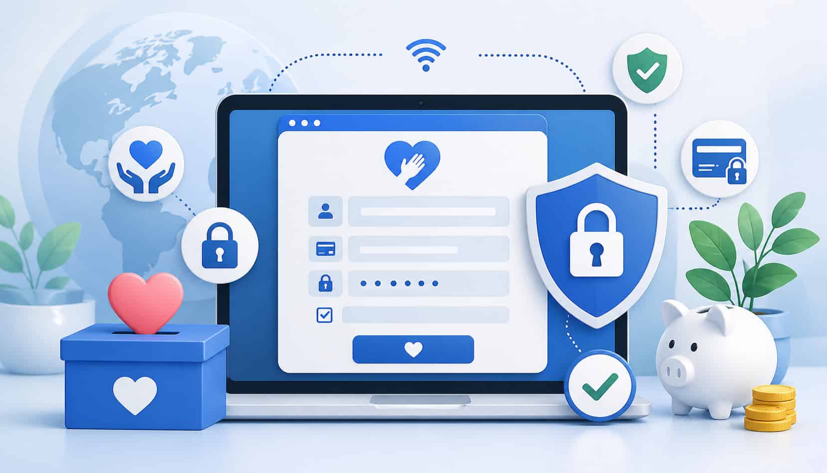 Secure online donation form illustration with laptop, shield protection, lock icons, and digital payment security elements