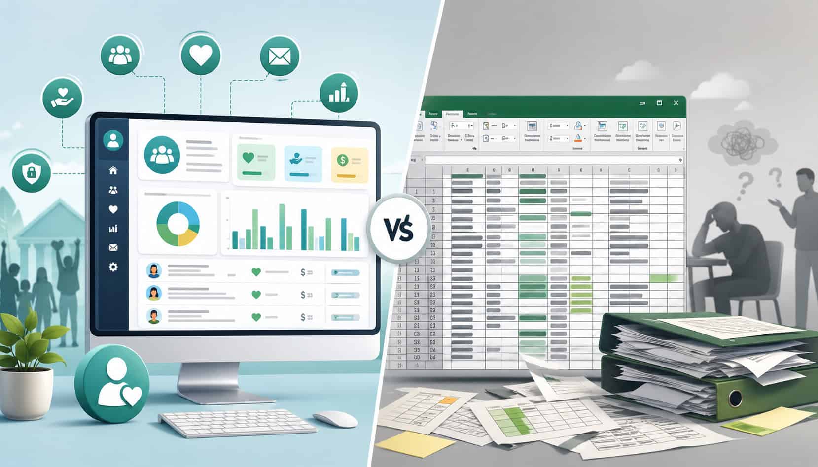 Donor database system dashboard interface with organized fundraising data, contrasted with simple spreadsheet grid, nonprofit data management concept, modern UI analytics and icons visualization