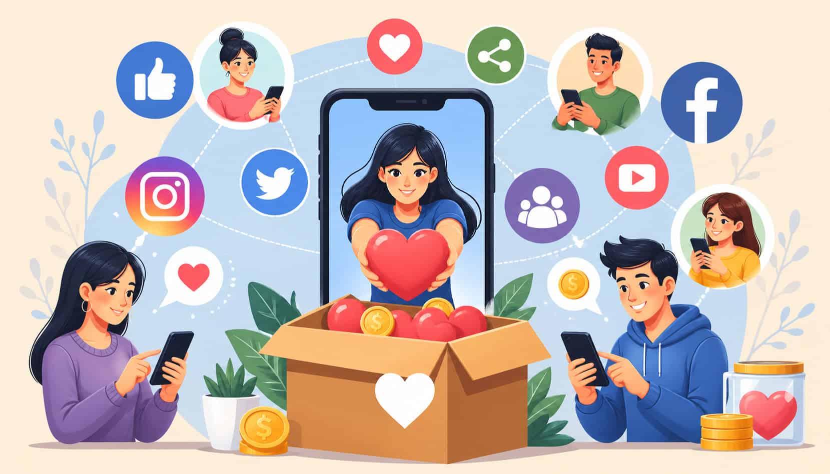 People fundraising through social media using smartphones, with digital donation icons, sharing posts, and online engagement visuals in a modern connected environment