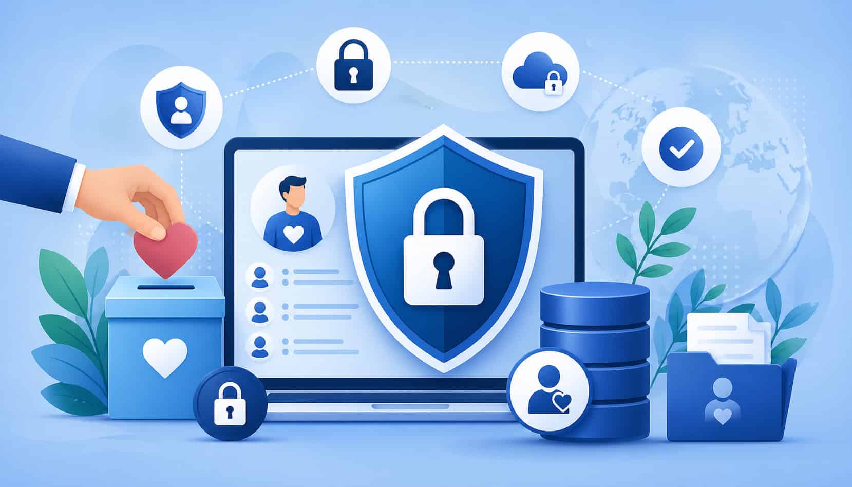 Secure donor data protection concept illustration with shield lock, encrypted database, donation box, and privacy icons on digital interface