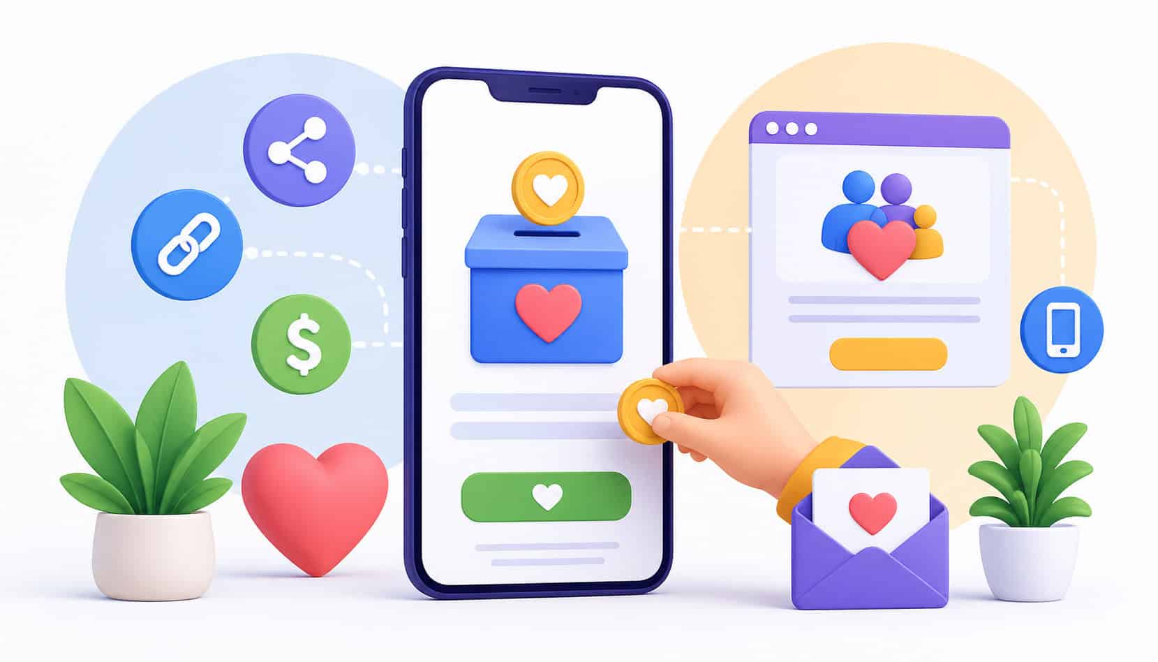 Modern 3D illustration of a mobile donation interface with a smartphone, hand placing a coin into a digital donation box, surrounded by sharing, payment, and charity icons representing online fundraising without a website