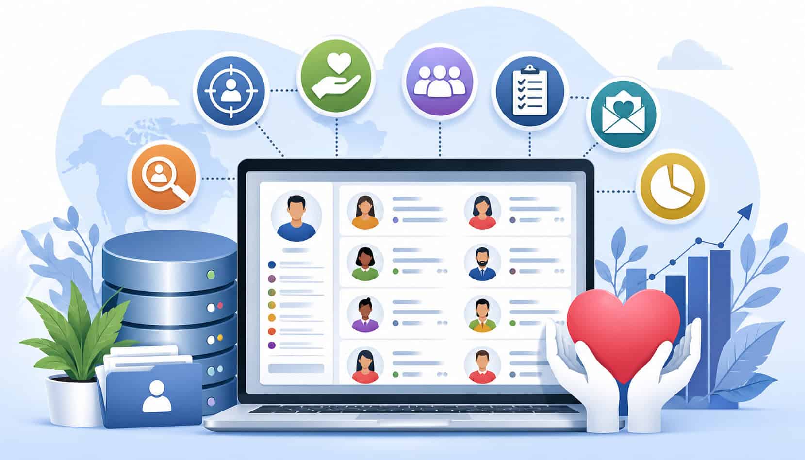 Illustration of donor database software dashboard with donor profiles, analytics charts, and fundraising management icons