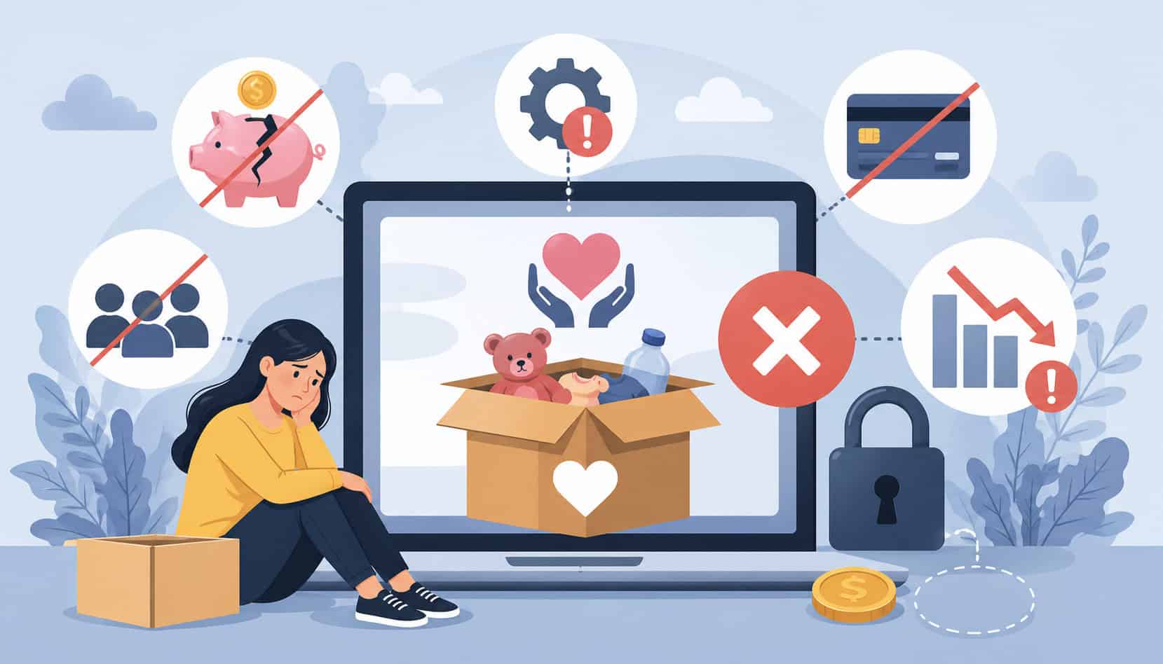 Illustration showing limitations of free donation platforms with frustrated user, declining funds, restricted payments, security concerns, and reduced donor reach icons surrounding a laptop donation interface