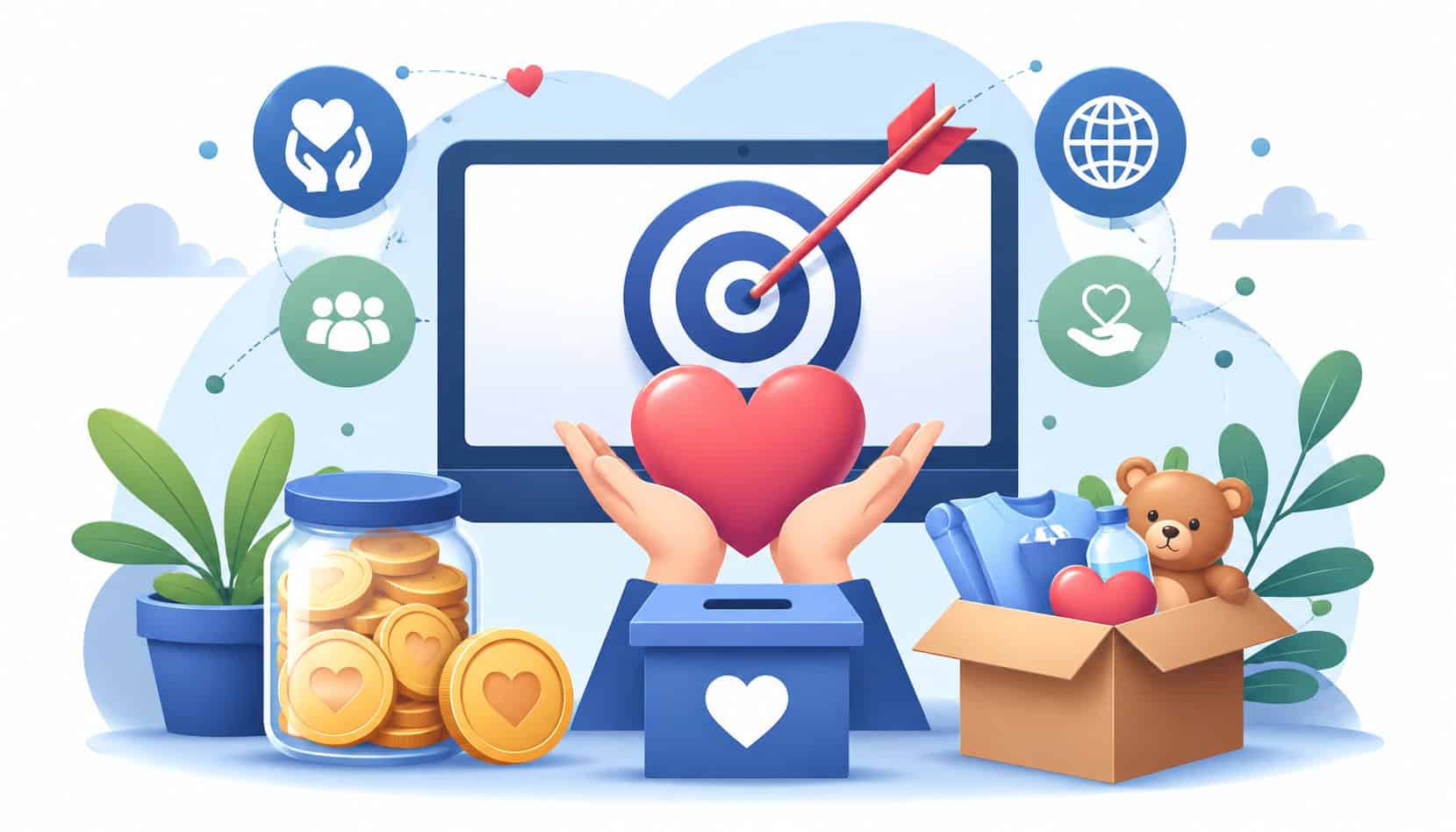 Illustration of a donation page goal concept with a target on a screen, hands holding a heart, donation box, coins, and charity icons representing community giving and fundraising objectives