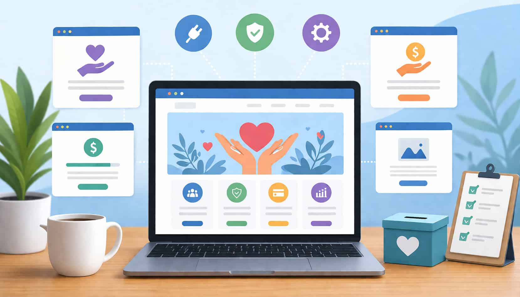 Modern illustration of a person selecting an online donation platform on a desktop computer, with charity icons, payment options, and fundraising interface elements in the background