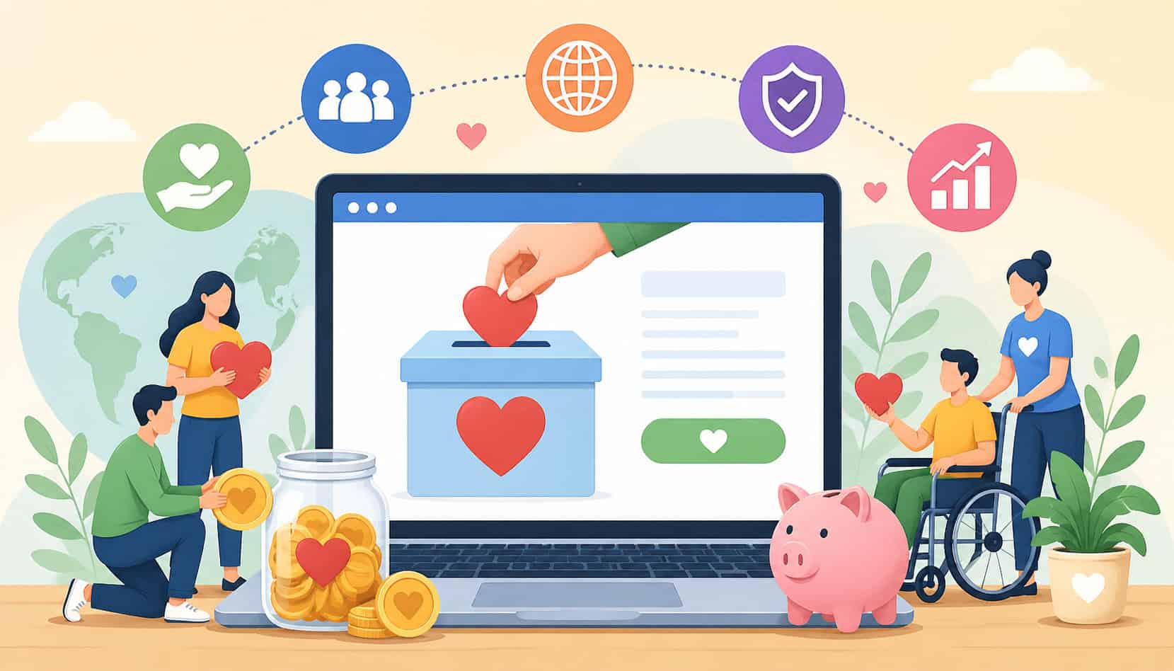 Online donation page illustration showing people contributing money and hearts through a laptop interface with charity icons and digital giving concept