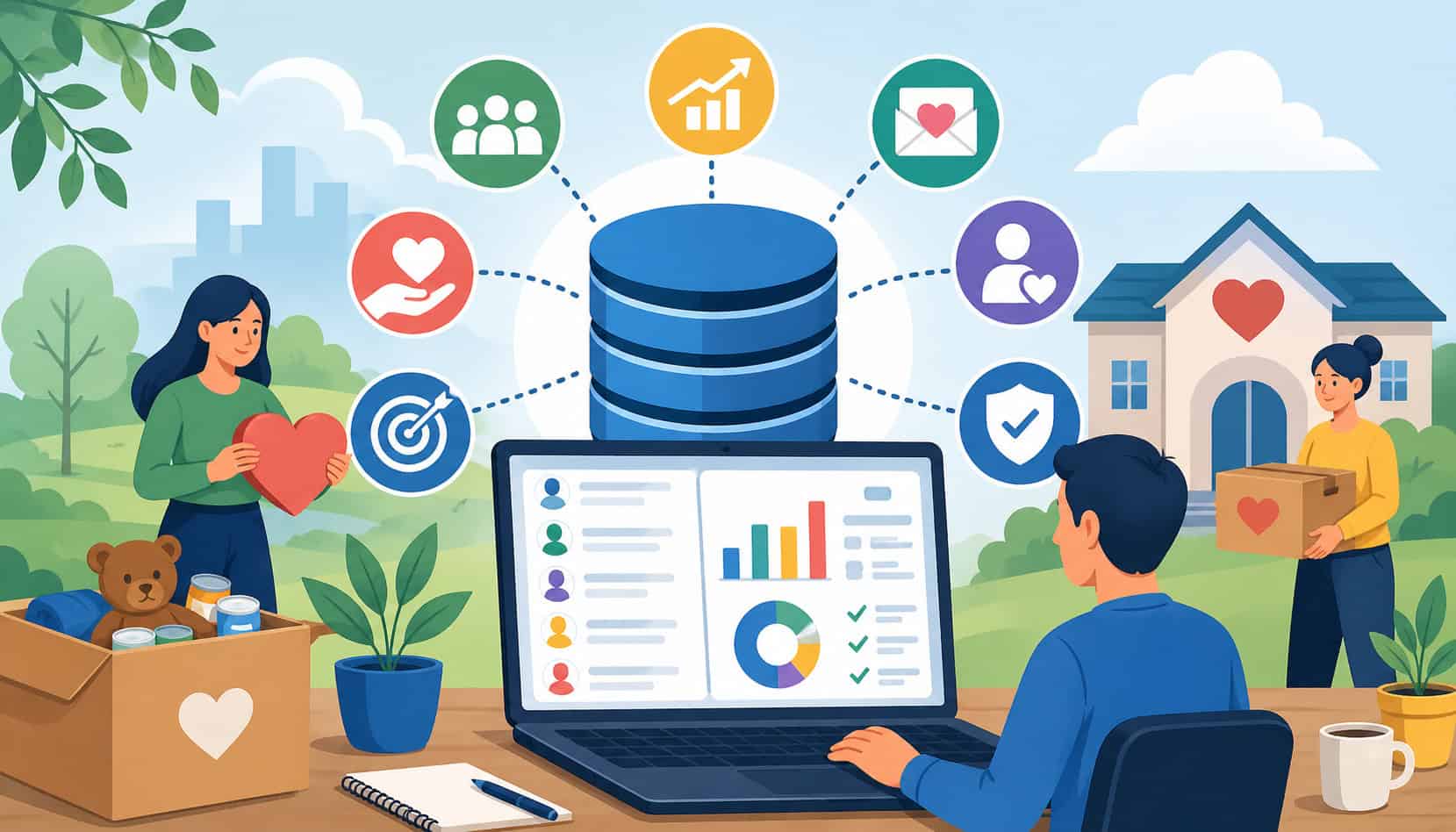 Illustration of nonprofit team using a donor database system with analytics dashboard, donor profiles, and fundraising icons representing data-driven donor management and community support