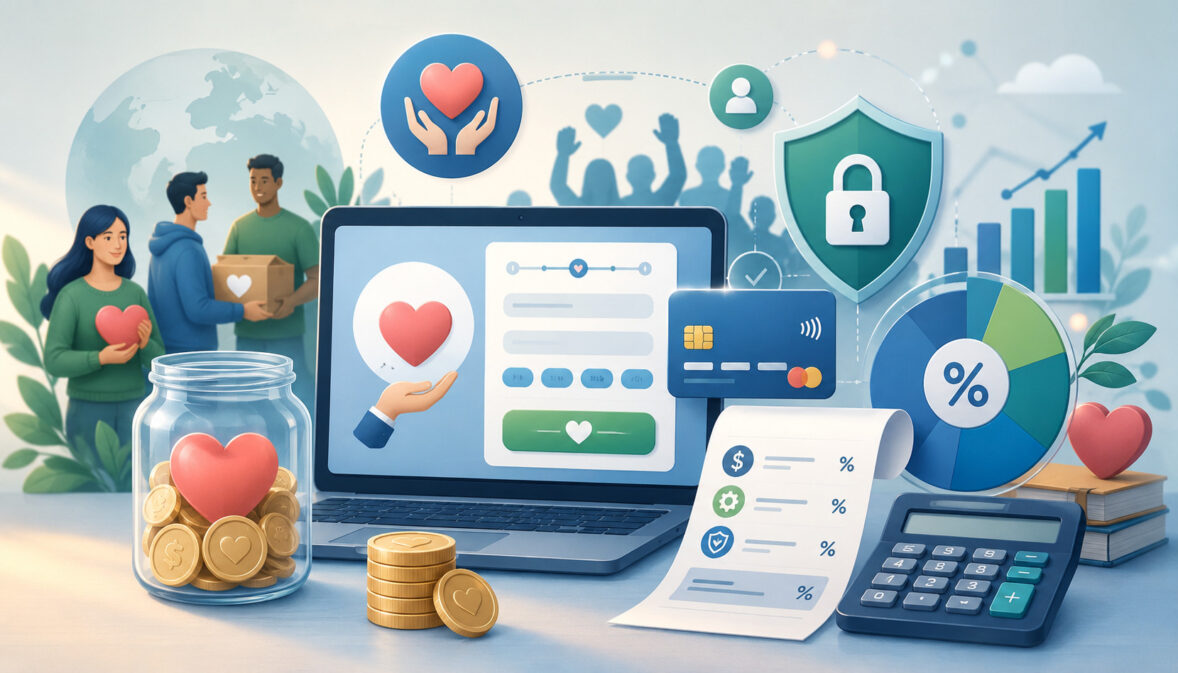 Online donation processing fees with payment, receipt, and security icons