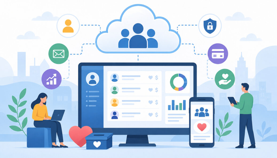 Cloud-based donor management system with donor records, analytics, and secure online giving icons