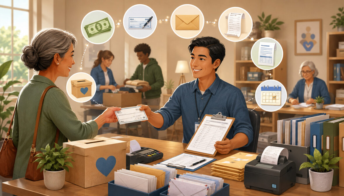 Offline donation processing with checks, envelopes, receipts, and donor records