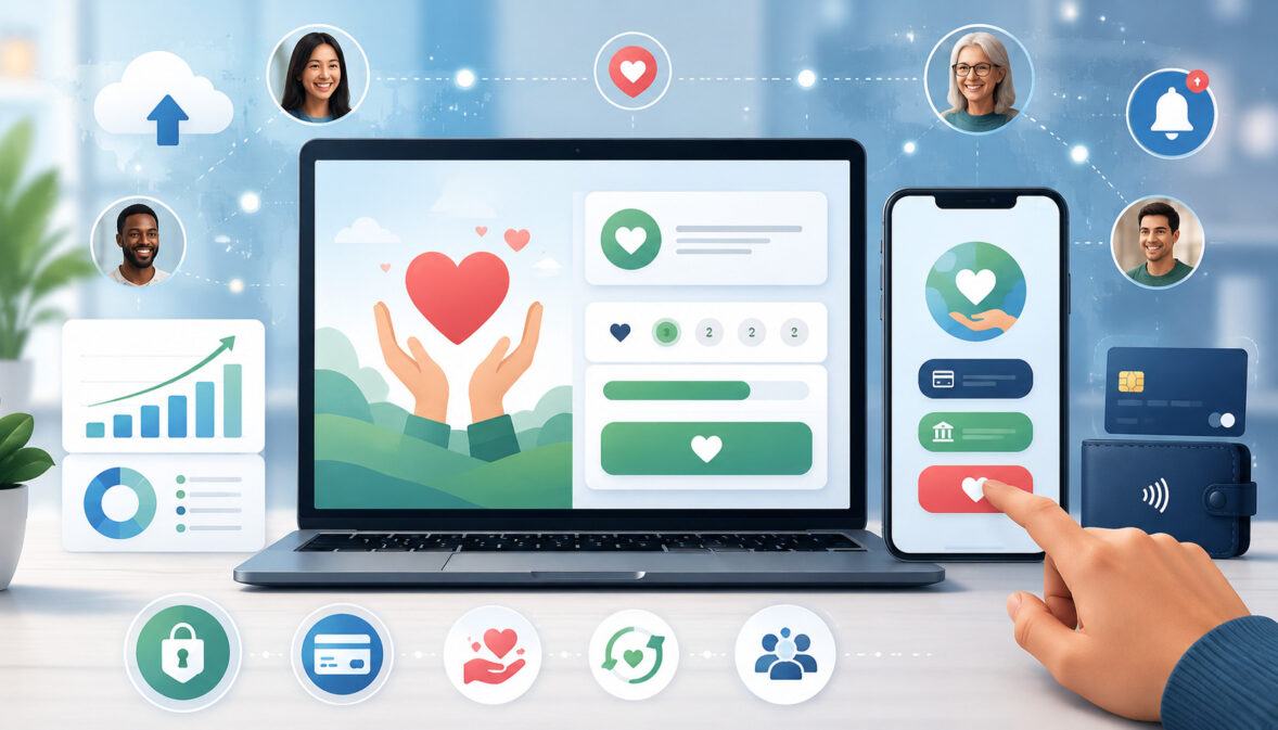 Online donation platform with digital payment and fundraising icons
