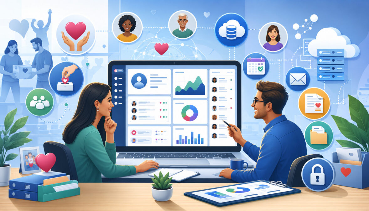 Donor management software dashboard with donor profiles, donation records, and fundraising analytics