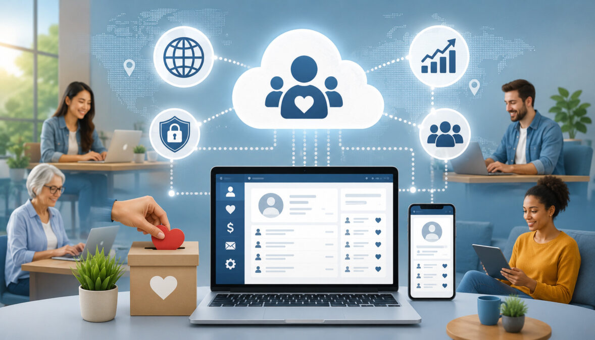 Cloud-based donor management system connecting nonprofit teams and donor data across devices