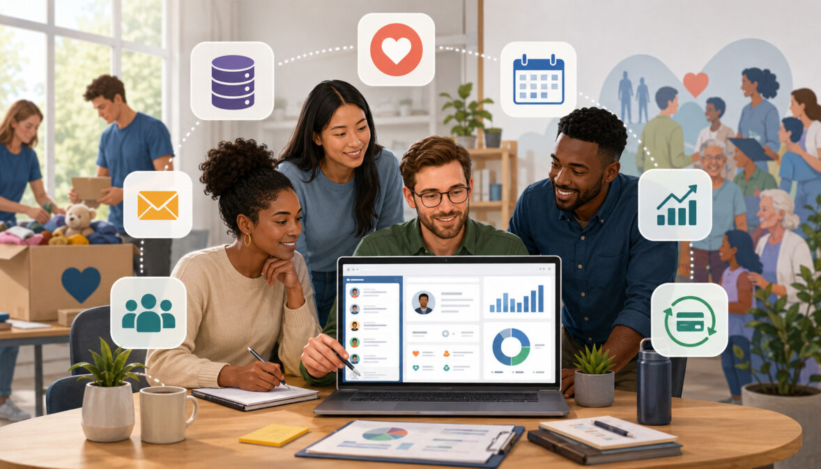 Nonprofit team using donor management software to organize giving and donor relationships