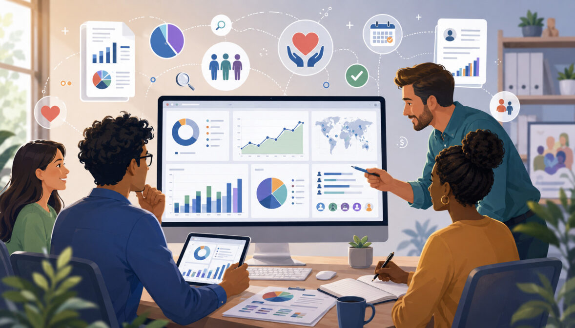 Nonprofit team reviewing fundraising reports and donor analytics